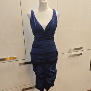 XSCAPE Womens Ruched Sleeveless Body Con Midi Dress Navy Blue Size 4